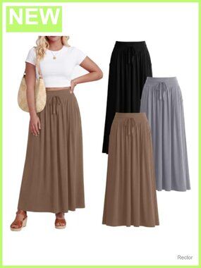 Plus Size Maxi Skirt 3 Pack Flowy High Waist A-Line with Pockets
